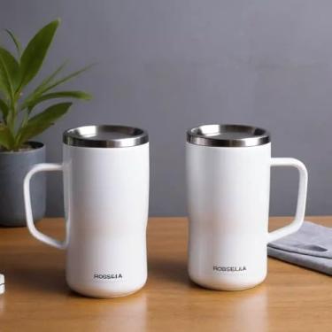 Imagem de Caneca Térmica Parede Dupla em Aço Inox Branca 600ml com Tampa Rosqueável - Estilo Minimalista