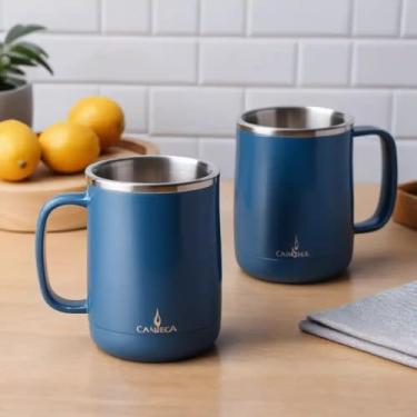 Imagem de Caneca Térmica Parede Dupla em Aço Inox Azul 350ml com Alça Ergonômica - Estilo Casual
