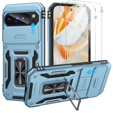 Imagem de Capa dupla KeDZ para Google Pixel 9 Pro XL com capa deslizante para câmera e película à prova de explosão (2 peças) - Capa protetora de nível militar à prova de choque e à prova de quedas com suporte