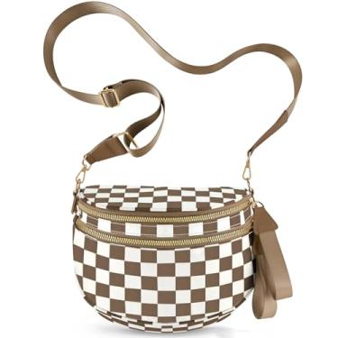 Imagem de NEWROGENG Bolsas transversais quadriculadas para mulheres, bolsas grandes de nylon plus size, pochete com alça de cinto para mulheres e viagens, Xadrez caramelo, 10.63" L × 5.12" W × 8.66" H, Xadrez