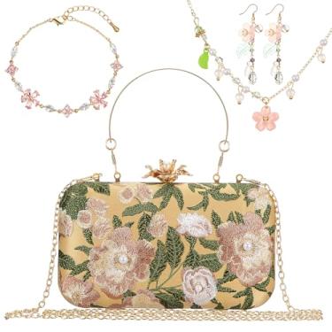 Imagem de SilTriangle Conjunto de joias vintage bordado floral com 4 peças, para noite, colares, brincos, pulseira, presente de casamento, formatura, Natal, 8.66 x 5.12 x 3.54 inches, tecido e plástico