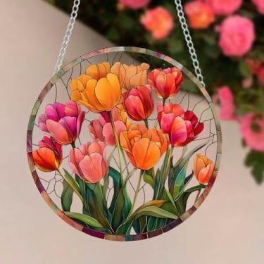 Imagem de WALLMEII Decoração de janela de acrílico manchado de tulipa com flores coloridas, enfeites de pendurar para decoração de janela de acrílico para ambientes internos e externos, painel de arte manchado