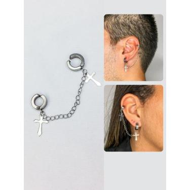Imagem de Brinco Argola Prata Masculino Feminino Pressão Corrente Cruz - Visujoi