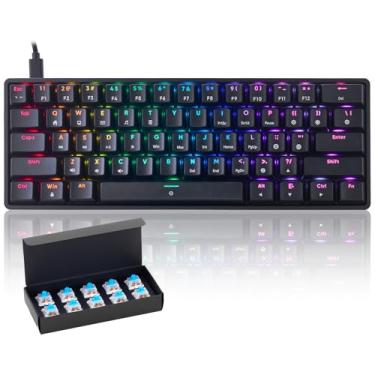 Imagem de Teclado mecânico 60% RGB para jogos, 61 teclas com fio, USB, faça você mesmo, teclado macro com luz de fundo, interruptores azuis ultracompactos compatíveis com Windows, Mac, Linux, laptop, PC (preto)