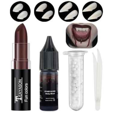 Imagem de Mysense Kit de maquiagem de sangue falso com dentes de vampiro, 4 pares de dentes falsos em 4 tamanhos, 1 sangue pegajoso e 1 batom vermelho escuro, acessórios de fantasia de vampiro para maquiagem