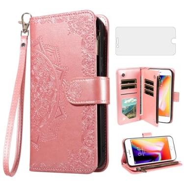 Imagem de Capa de celular para iPhone 7/8 carteira com protetor de tela e flor flip porta-cartão de crédito suporte para iPhone7 iPhone8 7s 8s i SE2020 SE2022 2/2nd/3/3ª geração SE2 SE3 7SE 8SE ouro rosa