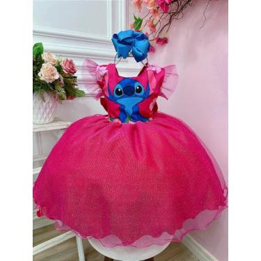 Imagem de Vestido Infantil Stitch Rosa Meninas Com Glitter Festas - Fabuloso Ate