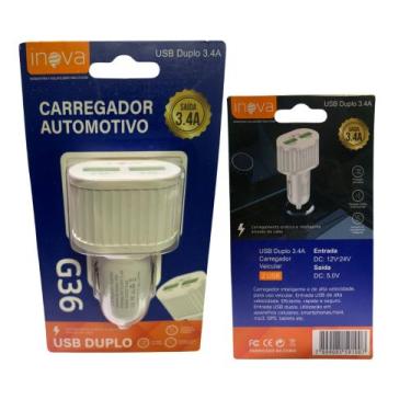 Imagem de Cabo USB Duplo G36 Inova 3.4A Carregador Automotivo, Branco