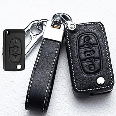 Imagem de CSHU Capa de couro para chave de carro, adequada para Peugeot 107 206 207 208 306 307 301 308S 407 2008 3008 4008 5008 RCZ Citroen C1 C2 C3 C4 C5, B, preto