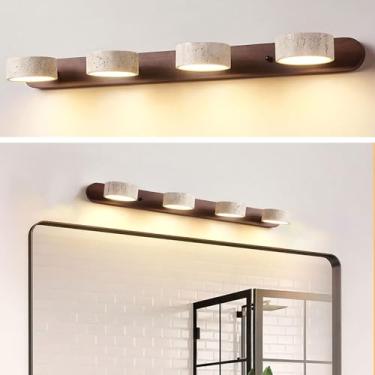 Imagem de WOSBO Luminária de travertino amarelo, 70 cm Wabi Sabi luz moderna de banheiro de madeira giratória 360° abajur de pedra natural luminária de parede sobre espelho para banheiro fazenda decoração de