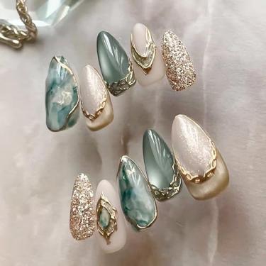 Imagem de RUOKEXIN Unhas postiças em formato de amêndoa, comprimento médio, olho de gato, com design de glitter dourado, ombré, unhas artificiais brilhantes, cobertura total, cola nas unhas, 24 peças