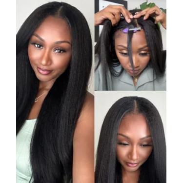 Imagem de Emistar Peruca preta em V, peruca reta Kinky Upgrade U Part Perucas sintéticas para mulheres negras, cabeça inteira, clipe de cabelo sem cola, mistura de cabelo humano, substituição de cabelo humano