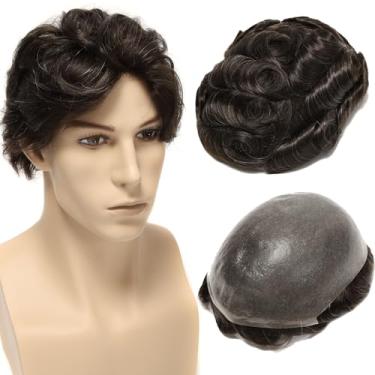 Imagem de BEEOS Toupee de pele fina de 0,08 mm para homens, 20 x 25 cm #210 marrom escuro com sistema de cabelo 10% cinza para homens, 110% densidade média, peruca masculina natural em V loop