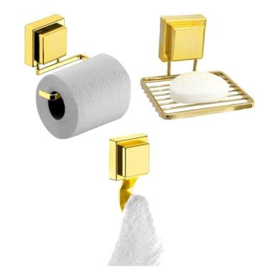 Imagem de Kit Banheiro Porta Papel Higiênico Saboneteira Gancho Multiuso Ventosa Dourado