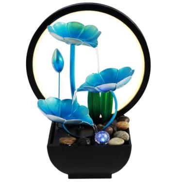 Imagem de KHZSPP Fonte de mesa de 3 camadas com pedras, anel de luzes de LED para água, pequenas fontes de cachoeira internas para meditação, casa, quarto, sala de estar, escritório, decoração (azul com anel de