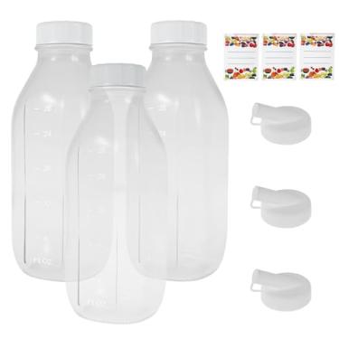 Imagem de KHZSPP 3 garrafas de leite com tampa dispensadora, garrafas de água de vidro reutilizáveis com tampa de dispensador de silicone, jarros de leite com tampas de parafuso herméticas