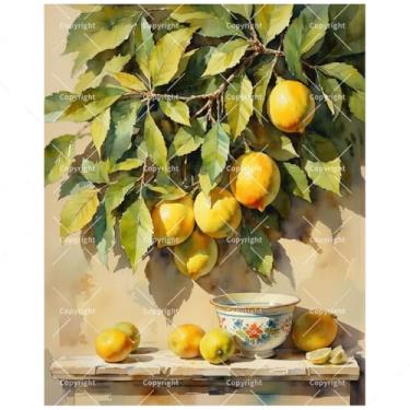 Imagem de Kit de pintura de frutas por números para adultos - DIY limões e tigela de cerâmica pintura natureza morta em tela 40 x 50 cm, conjunto de tinta acrílica, adequado para iniciantes, arte para decoração