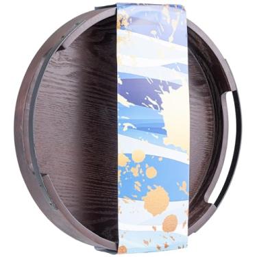 Imagem de Bandeja redonda de madeira com alças de metal, bandeja de madeira extragrande para chá, café, lanche, comida, prato de servir, bandeja otomana, bandeja de café da manhã (marrom, 30 cm)