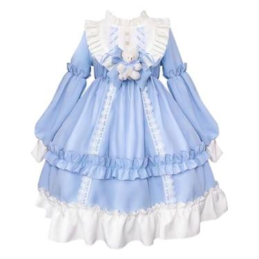 Imagem de XXFBJNMD Vestido Lolita para meninas com laço de urso doce – Lindo vestido de festa de chiffon de manga comprida com babados de renda estilo princesa vestido de conto de fadas para crianças (azul)