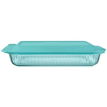 Imagem de Pyrex Assadeira de vidro colorido colorida com tampa sem BPA, panela de vidro oblonga para assarola e lasanha, máquina de lavar louça, freezer, micro-ondas e forno pré-aquecido, água-marinha