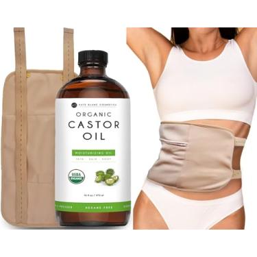 Imagem de Kate Blanc Cosmetics Castor Oil Pack Wrap (includes 16oz Glass Bottle) Neck and Castor Oil Packs for Liver Detox. Reusable, Comfortable Fit, Adjustable, Organic Castor Oil Included.