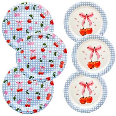 Imagem de GOGUOGOFA 50 peças de suprimentos de cereja pratos de jantar de papel cereja guingão azul 22,8 cm, laços rosa, pratos de sobremesa para chá de bebê, casamento, piquenique, frutas, cereja, decoração de