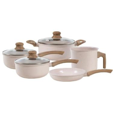 Imagem de Jogo de Panelas de Alumínio Revestimento Cerâmico com Antiaderente Cor Vanilla 5 peças - 3 Com Tampa Vidro