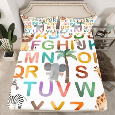 Imagem de jejeloiu Jogo de lençol casal ABC com tema do alfabeto animal, 40,6 cm, desenho de elefante zebra, girafa (sem lençol de cima), microfibra macia