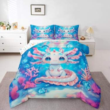 Imagem de Erosebridal Jogo de cama solteiro com estampa de axolote oceano, azul marinho, fofo, salamandra, animal, costeiro, para meninas, adolescentes, temática kawaii, decoração de quarto