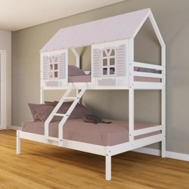 Imagem de Beliche Casal/ Solteiro Casinha Bela - Madeira Maciça Branco/Rosa  Hou