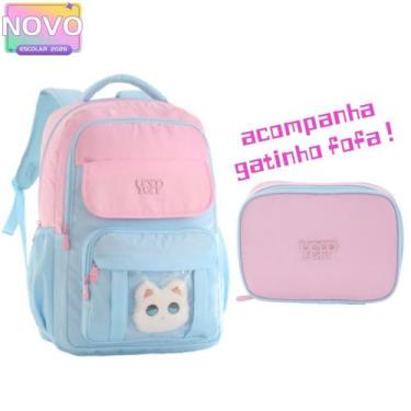 Imagem de Kit Mochila Feminina Juvenil Acompanha Gatinho Fofa Escolar Juvenil Co
