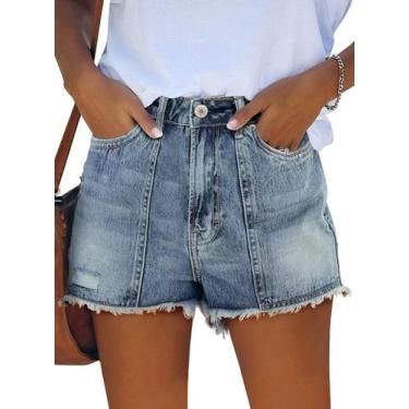 Imagem de Shorts jeans Onlypuff femininos azuis de cintura alta, rasgados