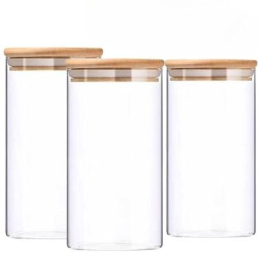 Imagem de Potes Hermeticos Bambu, Kit com 3 Ou 5 Potes Vidro com Tampa Bambu Super Vedação Hermético Conjunto Porta Mantimento, Adequado para Armazenar Grãos E Produtos Secos(Kit 3 Potes/1Litro)