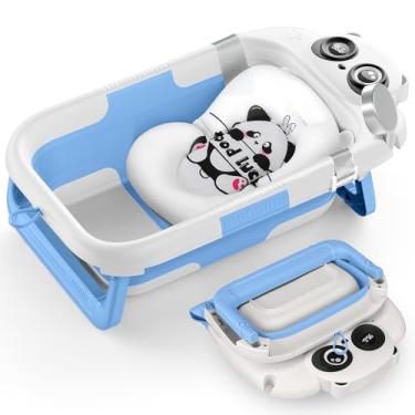 Imagem de Banheira dobrável para bebês, leve para bebês e crianças pequenas com almofada macia e termômetro, banheira portátil para bebês recém-nascidos a crianças de 0 a 24 meses (azul)