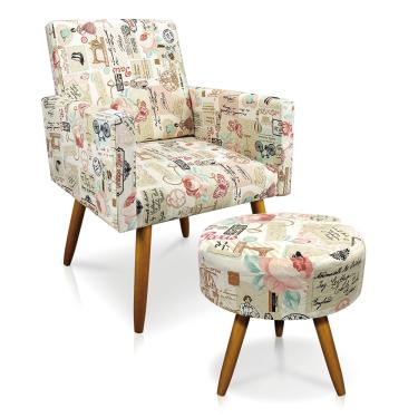 Imagem de Kit 01 Poltrona e 01 Puff Larissa Estampado Retrô Rosa D61 Pés Palito Castanho - D'Rossi