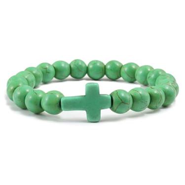 Imagem de Pulseira com contas de pedra vulcânica, pingente de cruz, contas de pedra vulcânica natural, pulseira elástica turquesa para mulheres e homens, joias religiosas, presente de batismo, Medium, Pedra