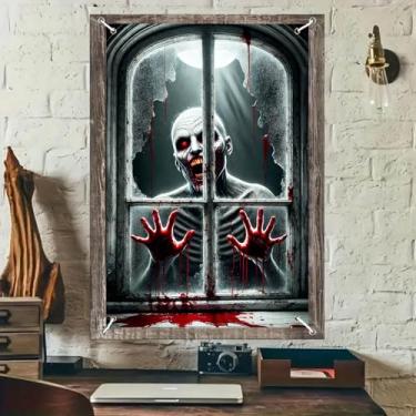 Imagem de BlissYard Decoração de capa de janela de Halloween, faixa de janela de zumbi assustador, cortina de terror, faixa de casa assombrada, pano de fundo, pôster de parede assustador, cena de janela