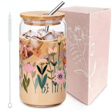 Imagem de JOYMIA Copos de vidro floral com tampas e canudos – Lata de vidro de flores silvestres de 473 ml, copo de café fofo para casa e escritório, canudo reutilizável – Copo perfeito para meninas e presentes