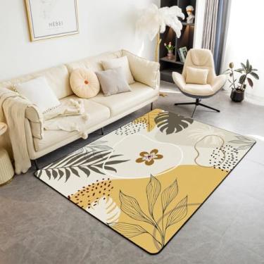 Imagem de Tapete bege bege fofo folha flor tapetes para quarto | Pequeno redondo 7,6 x 12,7 cm, lavável, antiderrapante, boho, círculo, crianças, botânico, tapete abstrato, para sala de jogos, sala de aula