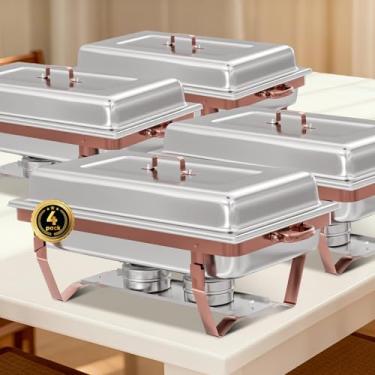 Imagem de IMACONE Conjuntos de buffet de pratos de 4 litros retangulares de aço inoxidável de 8 litros e conjuntos de aquecedor de buffet para buffet, com panela de comida e água, tampa, moldura dobrável em