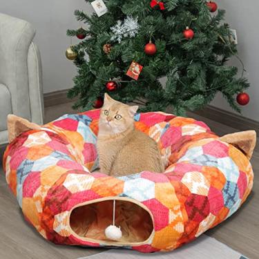 Imagem de AUOON Cama de túnel para gatos com tapete central, brinquedos de playground de tubo grande, material de pelúcia macio, formato de lua cheia para gatinhos, gatos, filhotes, coelhos, furões (laranja)