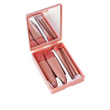 Imagem de Conjunto de 5 pincéis de maquiagem para viagem, mini kit completo de pincéis cosméticos com espelho para viagem, rosa claro