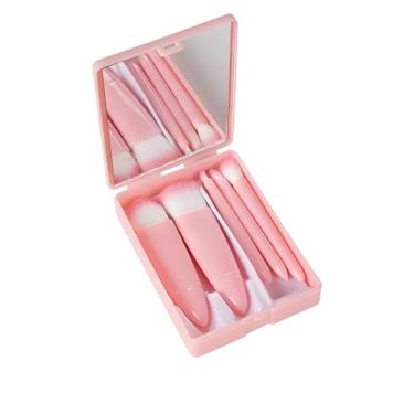 Imagem de Conjunto de 5 pincéis de maquiagem para viagem, kit mini completo de pincéis cosméticos com espelho para viagem, rosa