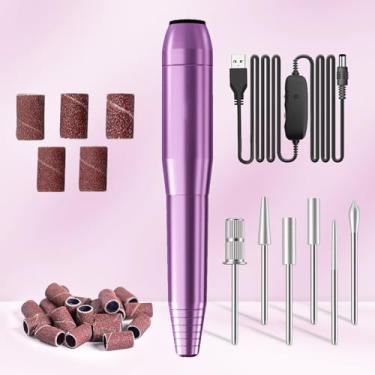 Imagem de Broca elétrica de unhas, máquina portátil USB para iniciantes, kit de manicure e pedicure com 6 pontas e 26 faixas de lixamento para polimento de unhas de gel acrílico em casa, faça você mesmo, roxo