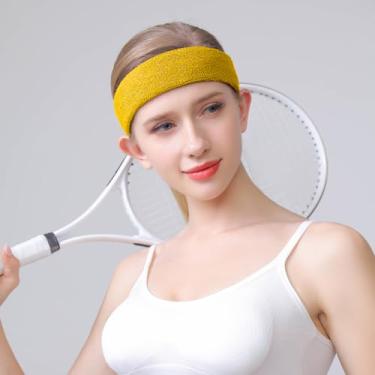 Imagem de Faixa de cabeça esportiva para homens e mulheres – Faixa de suor atlética de algodão felpudo para tênis, basquete, corrida, academia, malhar (amarelo)