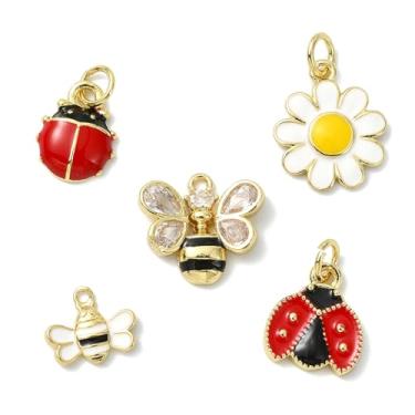 Imagem de UR URLIFEHALL 10 peças, 5 estilos, pingentes de joaninha, abelha, esmaltado, latão, margarida, para fazer joias, colar, pulseira, brincos, artesanato DIY