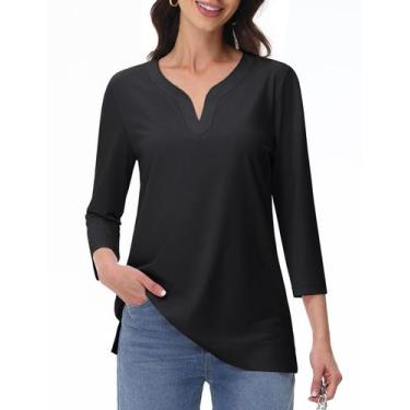 Imagem de Camisa túnica YUCOLEN feminina de manga 3/4 com decote em V, algodão p