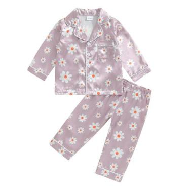 Imagem de Pijamas Fsadfeas Kids Baby Girl com estampa floral de cetim de 1 a 5 a