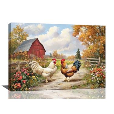 Imagem de Arte de parede de galinha de fazenda, decoração de parede em tela de galo de fazenda, pintura de impressão em tela rústica de fazenda, arte de decoração de casa emoldurada para cozinha, banheiro