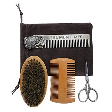 Imagem de barenx Kit de 4 - Escova portátil para barba, tesoura de barba, pente para piolhos/pente de dentes largos de aço â€?Escova de madeira de cerdas, saudável, segura para barbas, bigode, bigode e bigode